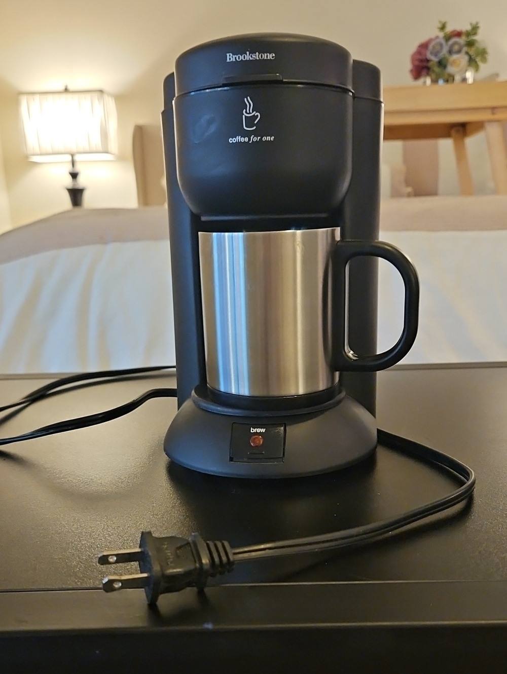 Brookstone Black Single-Serve Coffee Brewer with Stainless Steel Mug